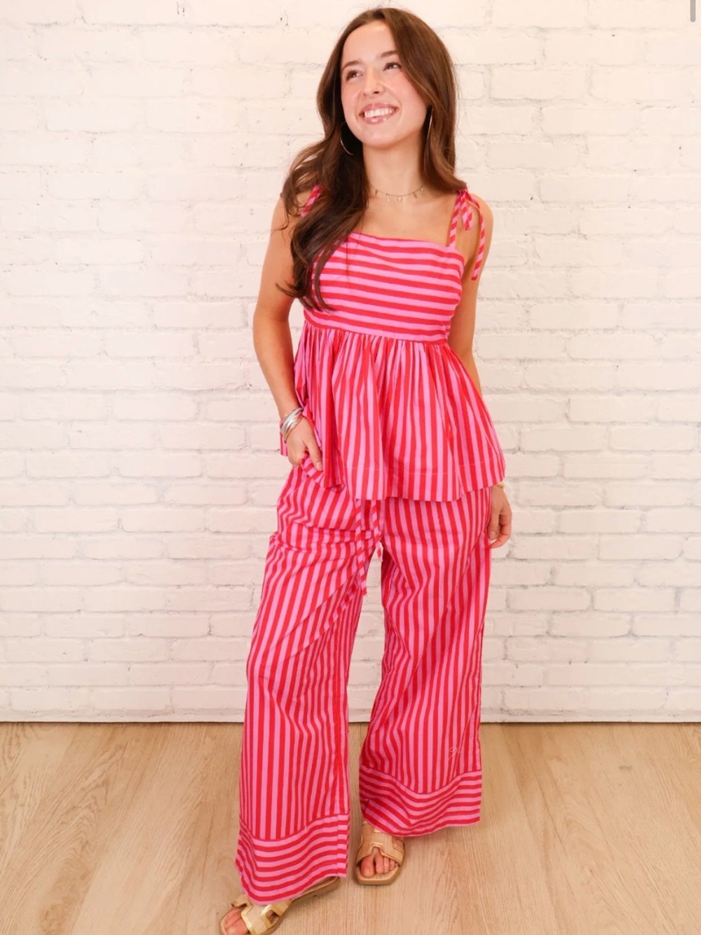 Brand New with Tags! - STRIPED TIE SHOULDER TOP + PANT SET - RED/PINK